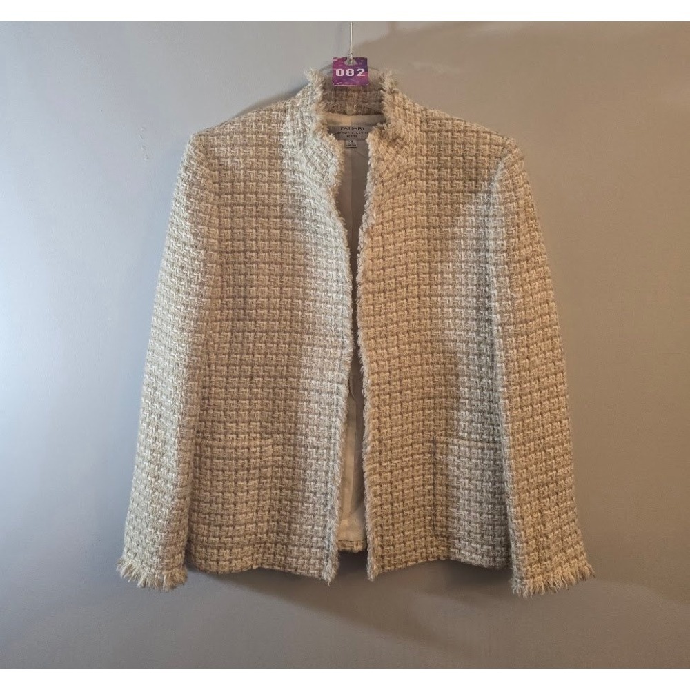 Tahari Arthur S. Levine Womens Tweed Blazer Beige Fringed Wool Blend Size 12P